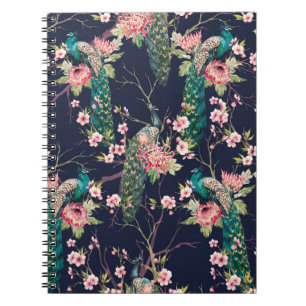 Cuaderno pavo real de patrón de acuarela en cerezo de árbol