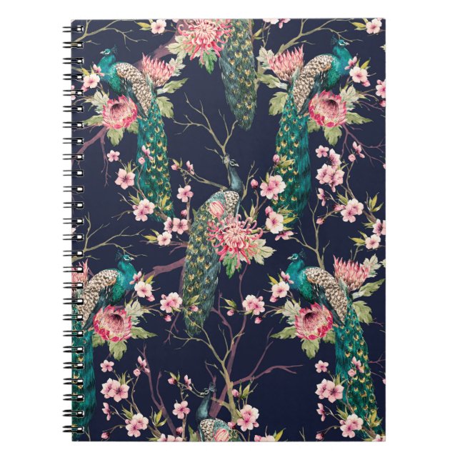 Cuaderno pavo real de patrón de acuarela en cerezo de árbol (Frente)