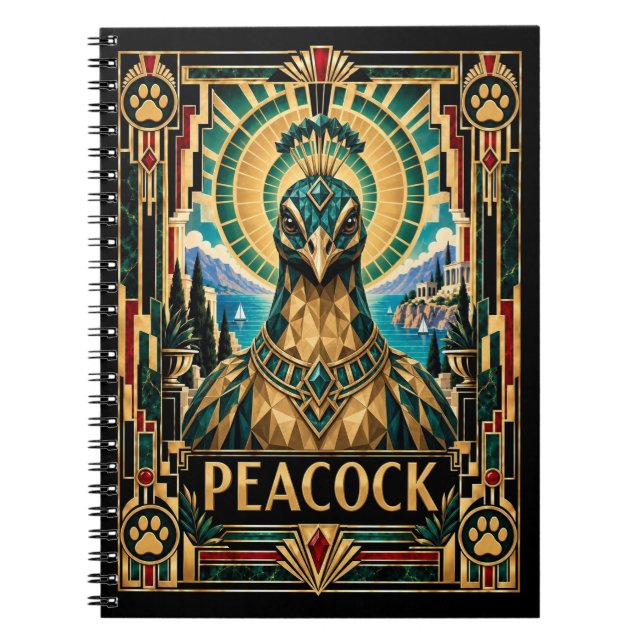 Cuaderno Pavo real, fauna Art Deco (Frente)
