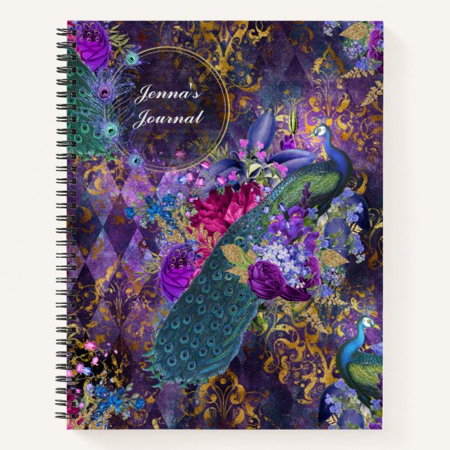 Cuaderno Pavo real y flores personalizadas en morado (Anverso)