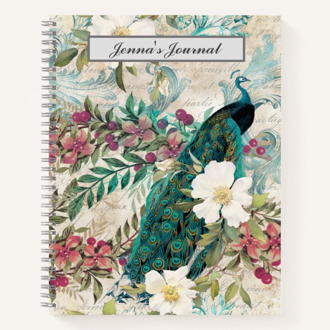 Cuaderno Pavo Verde azulado y floral rosa de cosecha person (Anverso)