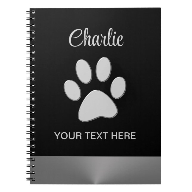 Cuaderno Paw de perro plateado sobre fondo negro (Frente)