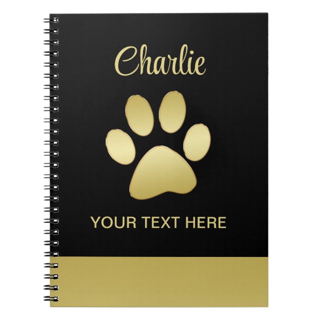 Cuaderno Paw dorada de perro brillante sobre fondo negro (Frente)