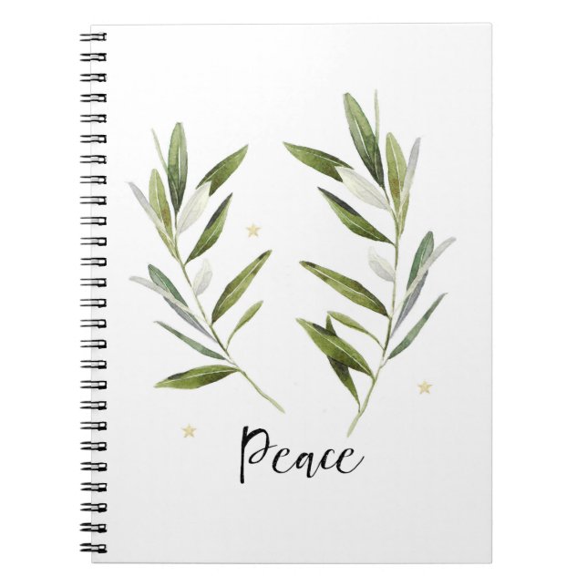 Cuaderno PAZ, hoja de oliva, Navidades, vacaciones, acuarel (Frente)