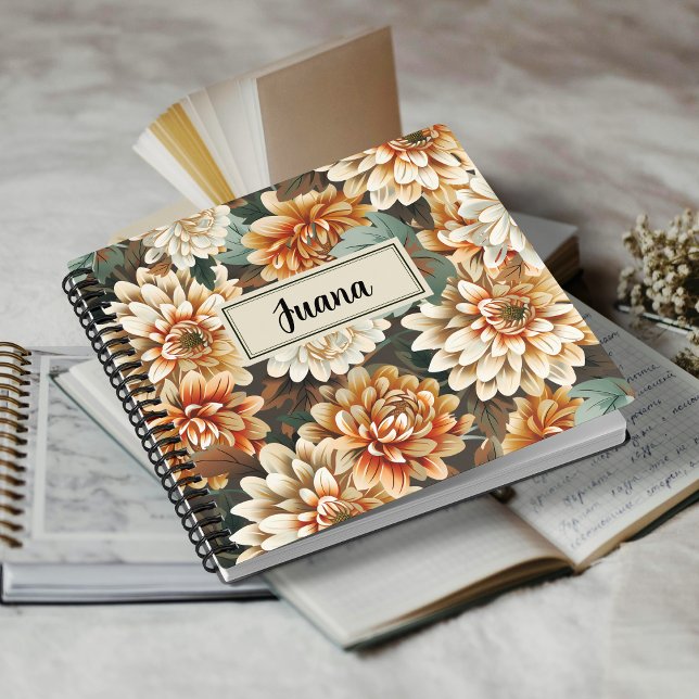 Cuaderno Peach Beige Chrysanthemum Floral Spiral Notebook (A classic notebook adorned with painterly chrysanthemums, inviting your reflections in muted tones.)