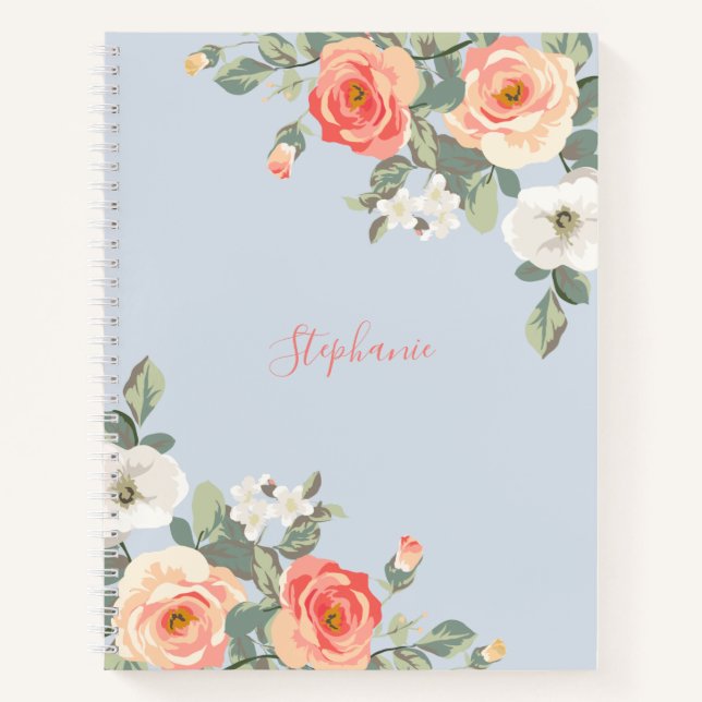 Cuaderno Peach Rosa Dusty Blue Floral Personalizado (Anverso)