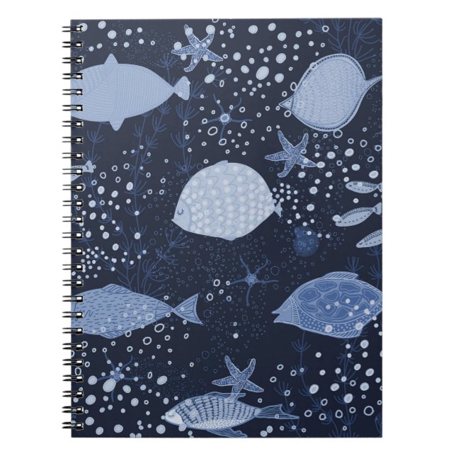 Cuaderno Peces dormidos monocromos, patrón oscuro. (Frente)