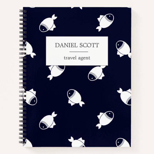 Cuaderno Peces patrón de silueta blanca azul (Anverso)