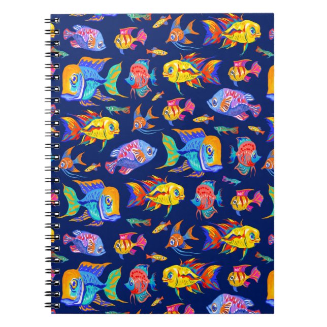 Cuaderno Peces tropicales divertidos sobre azul oscuro (Frente)