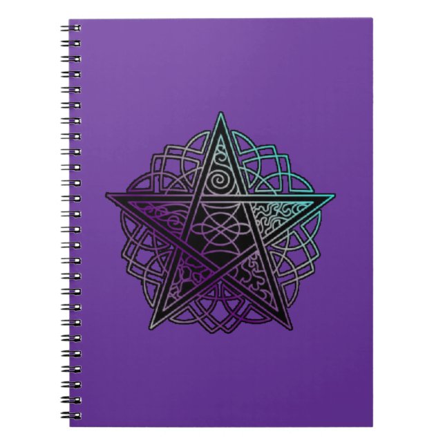Cuaderno Pentáculo intrincado púrpura y acuático (Frente)