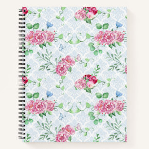 Cuaderno peonía acuática, acuarela de mariposa