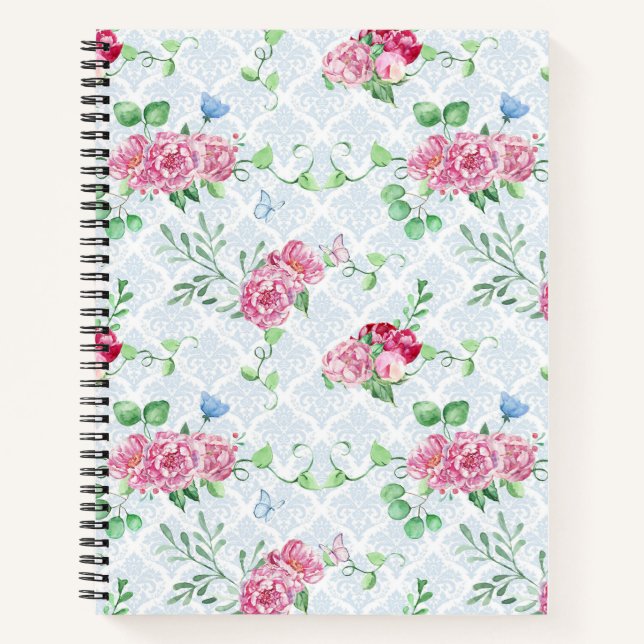 Cuaderno peonía acuática, acuarela de mariposa (Anverso)