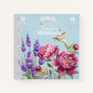Cuaderno Peonías lavanda con monograma jardín encaje azul