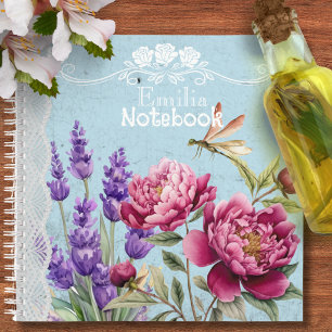 Cuaderno Peonías lavanda con monograma jardín encaje azul