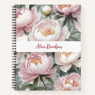 Cuaderno Peonías rosadas de acuarela dulce   tu nombre