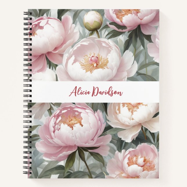 Cuaderno Peonías rosadas de acuarela dulce | tu nombre (Anverso)