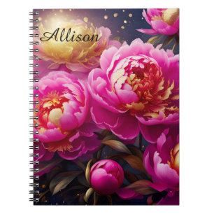 Cuaderno peonías rosas preciosas con acentos dorados