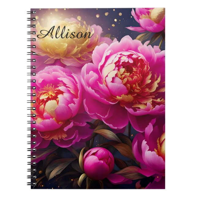 Cuaderno peonías rosas preciosas con acentos dorados (Frente)