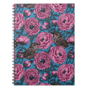 Cuaderno Peonies y wrens en el bloc de notas azul