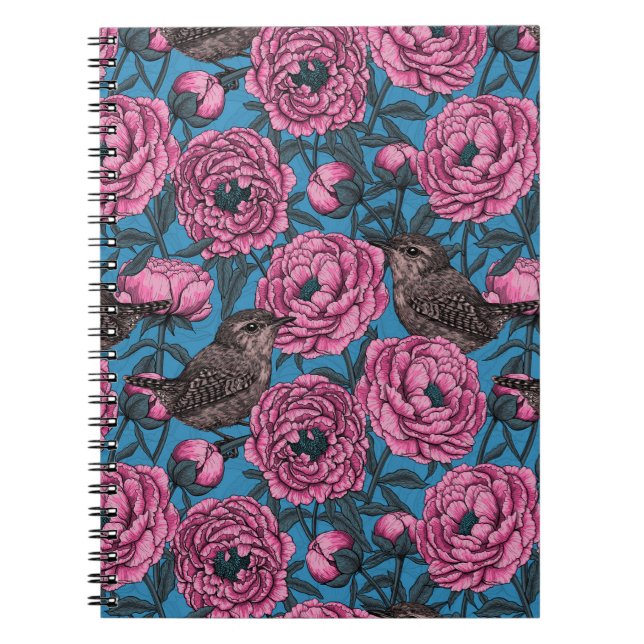 Cuaderno Peonies y wrens en el bloc de notas azul (Frente)