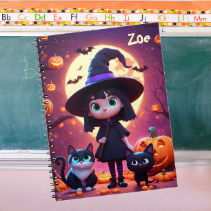 Cuaderno Pequeña bruja linda con gatos y calabazas, persona