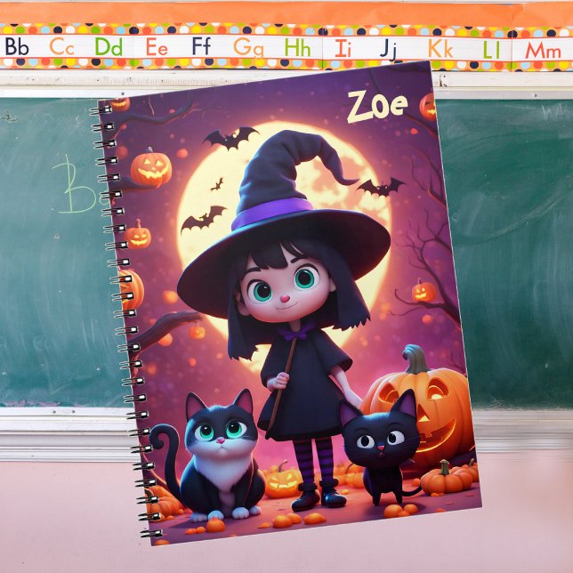 Cuaderno Pequeña bruja linda con gatos y calabazas, persona (Subido por el creador)