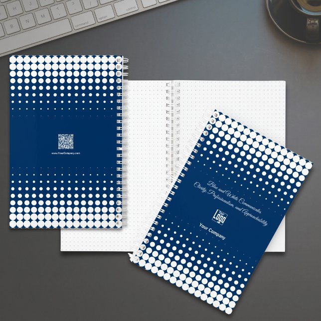 Cuaderno Pequeña empresa promocional de medio tono azul bla (Promotional Half Tone Blue White Small Business Notebook with Logo, Tagline, QR code)