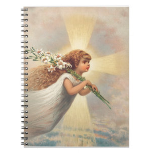 Cuaderno Pequeño ángel bebé sosteniendo lirios