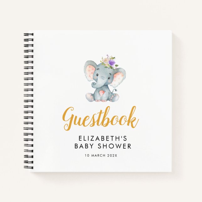 Cuaderno pequeño elefante morado flora bebé ducha guía (Anverso)