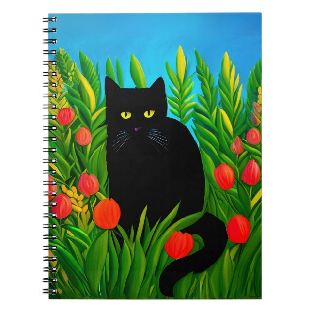 Cuaderno Pequeño gato negro en un jardín de tulipanes (Frente)
