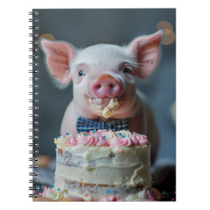 Cuaderno Pequeño lechón masticando en una torta de cumpleañ