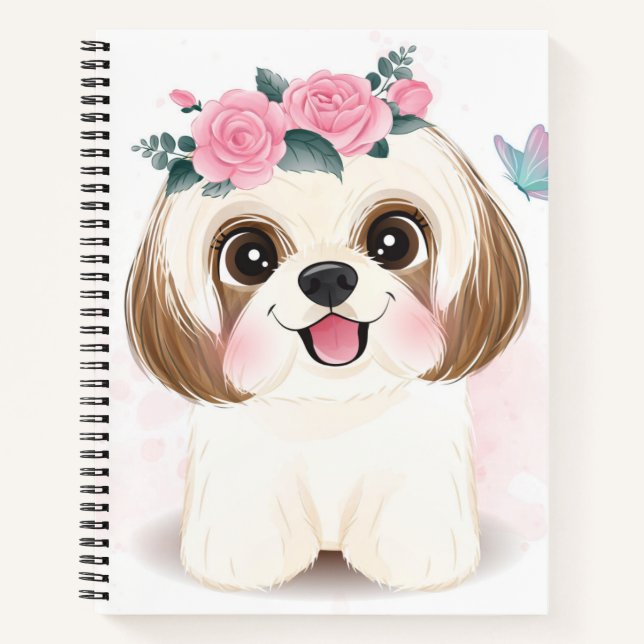 Cuaderno Pequeño shih tzu lindo con ilustracion floral (Anverso)
