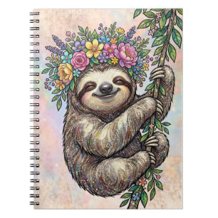 Cuaderno Perezoso Floral Elegante Lindo con Corona de Flore