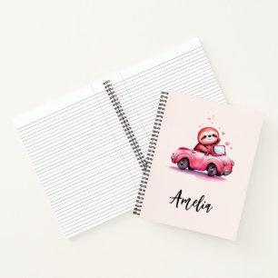 Cuaderno Perezoso lindo conduciendo un convertible rosa