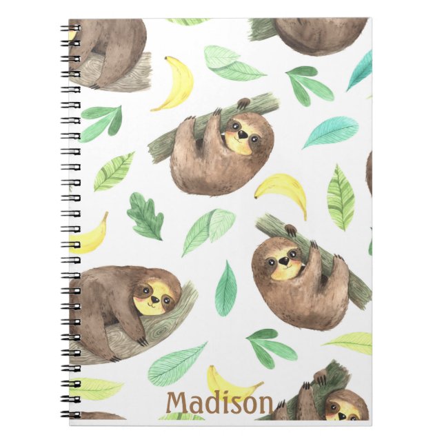 Cuaderno Perezoso Lindo en Rama Bananas Nombre Animal (Frente)