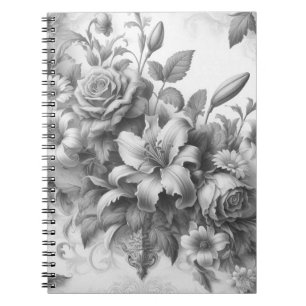 Cuaderno Perfección floral de antigüedades en blanco y negr