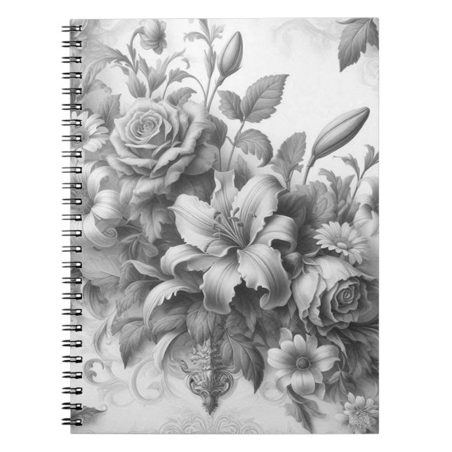 Cuaderno Perfección floral de antigüedades en blanco y negr (Frente)