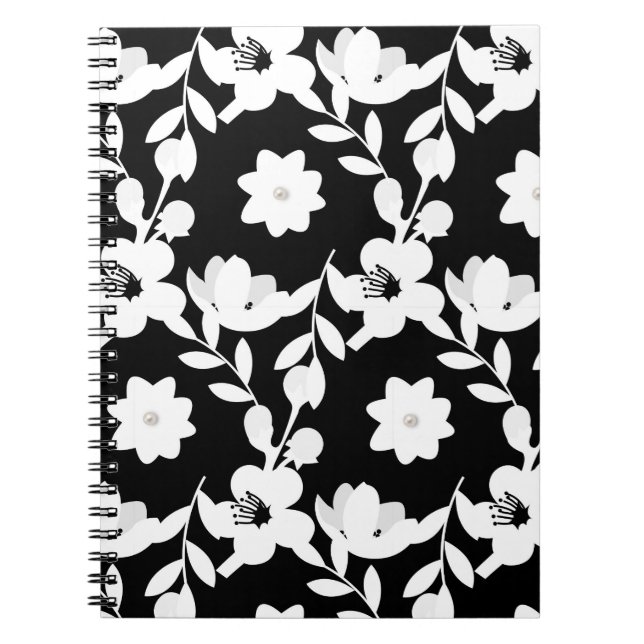 Cuaderno Perlas en flores blancas en negro (Frente)