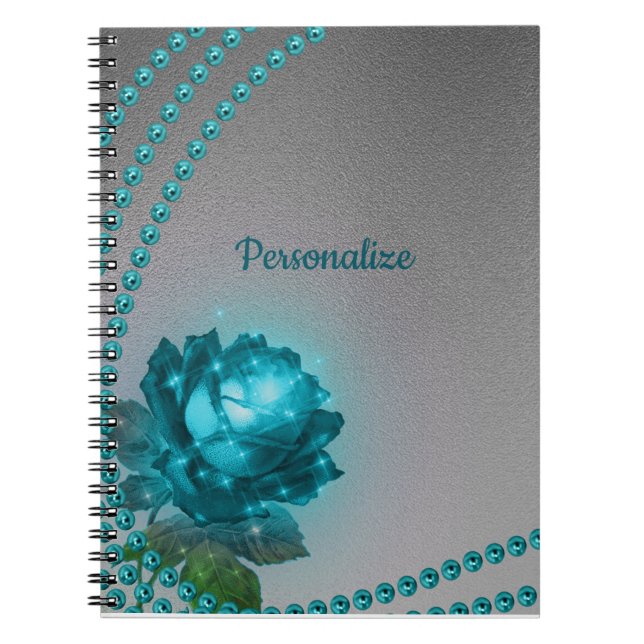 Cuaderno Perlas Rosas de cristal azul romántico elegante (Frente)