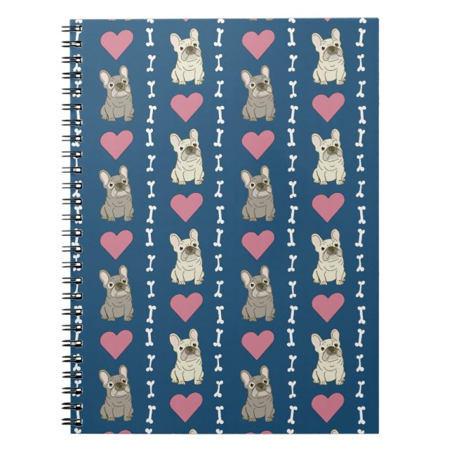 Cuaderno Perritos lindos, Frenchie, corazones y huesos (Frente)