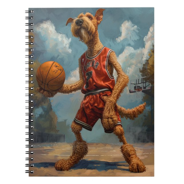 Cuaderno Perro Airedale jugando baloncesto (Frente)