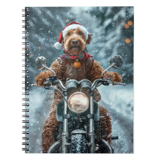 Cuaderno Perro Airedale montando motocicleta en Navidad (Frente)