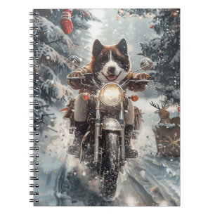 Cuaderno Perro Akita Americano Montando Motocicleta Navidad