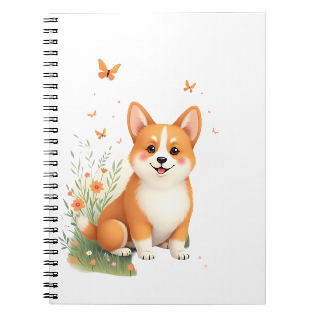 Cuaderno Perro Akita con flor y camiseta con mariposa (Frente)