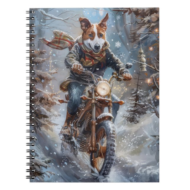 Cuaderno Perro Basenji Montando Motocicleta Navidad (Frente)