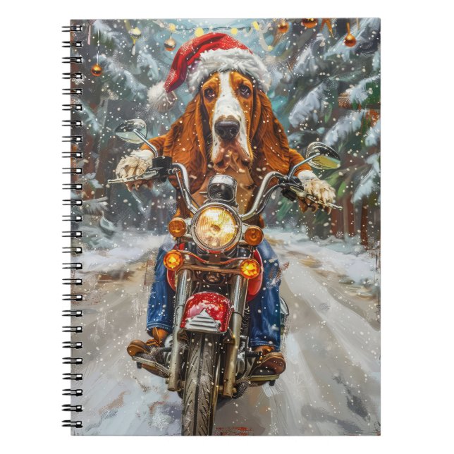 Cuaderno Perro Basset Hound montando motocicleta Navidad  (Frente)