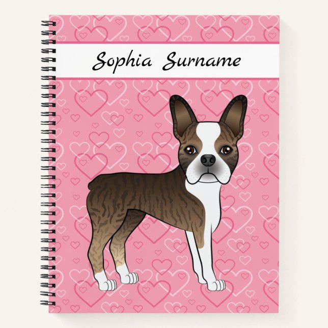 Cuaderno Perro Boston Terrier Atigrado Sobre Corazones Rosa (Anverso)