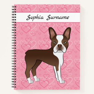 Cuaderno Perro Boston Terrier Marrón Sobre Corazones Rosas