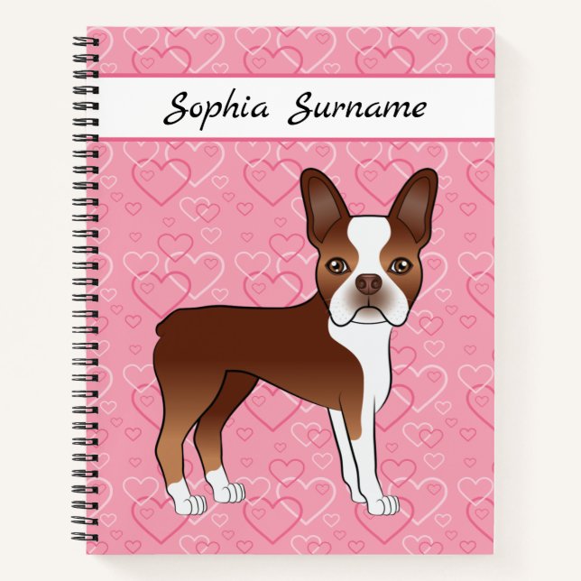 Cuaderno Perro Boston Terrier Rojo Sobre Corazones Rosas Y  (Anverso)