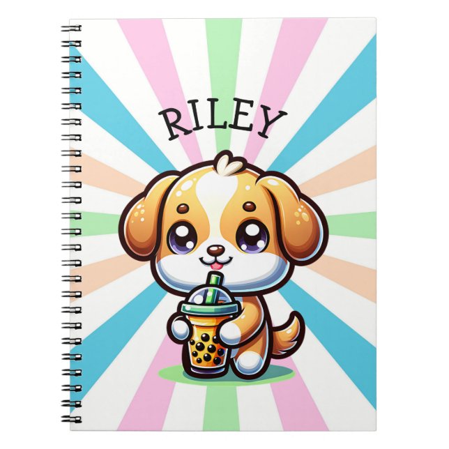 Cuaderno Perro cachorro kawaii con té de burbuja personaliz (Frente)